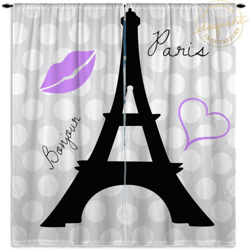 Window Curtains For Girls Paris Purple Eiffel Tower Polka Image 0