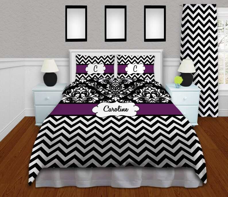 Chevron Comforter Black White Bedding Purple Set Queen Xl Twin Dorm Personalized Any Color 56