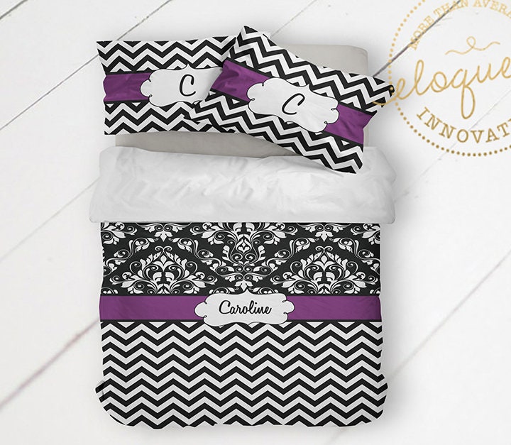 Chevron Comforter Black White Chevron Bedding Purple Etsy