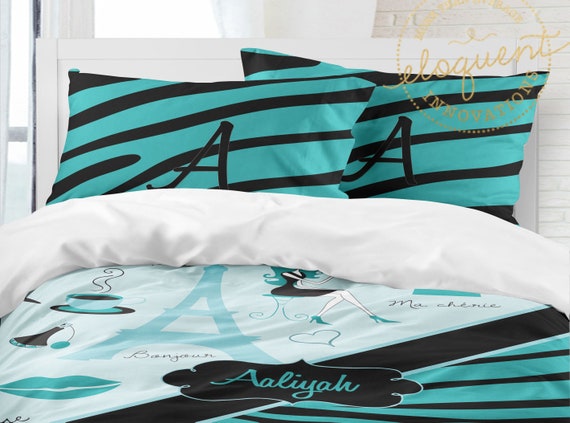 Girls Paris Comforters Eiffel Tower Bedding Sets Teal Zebra Etsy