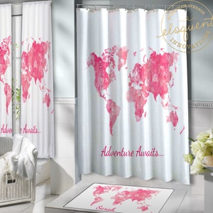 World Map Shower Curtain Set Fabric Personalized With Name - Etsy