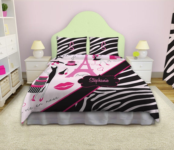 Girls Zebra Print Bedding Paris Theme Bedding Comforter Kids Etsy