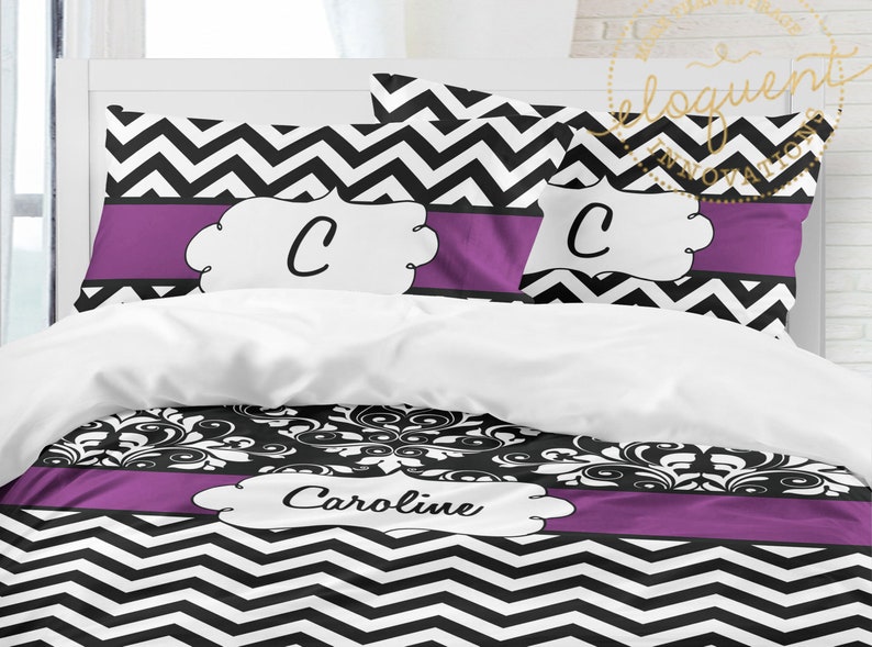 Purple Chevron Bedding Damask Bedding Personalized Duvet Etsy