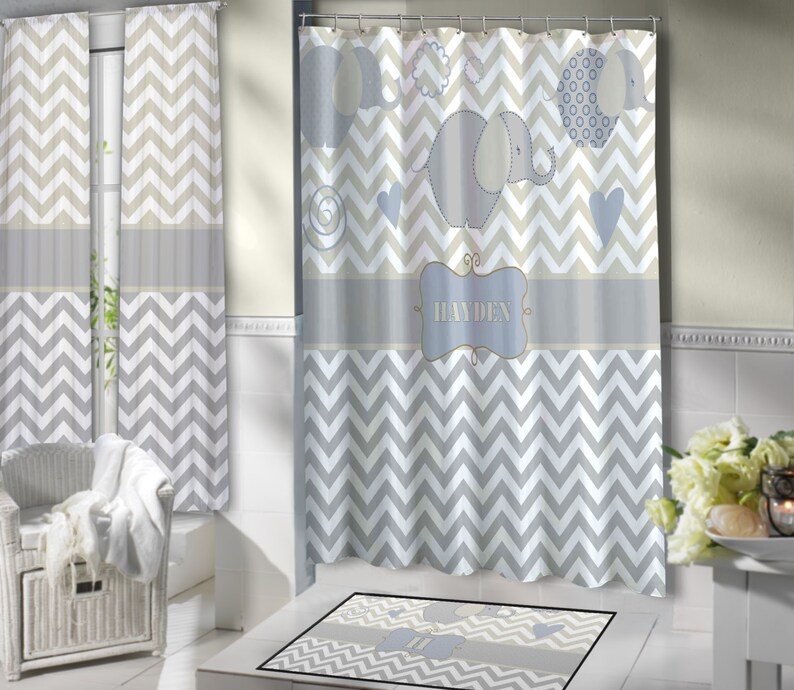 Gray And White Chevron Shower Curtain Elephant Shower Etsy