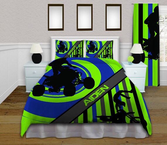 Atv Green And Blue Comforter Sets Personalized Motocross Etsy