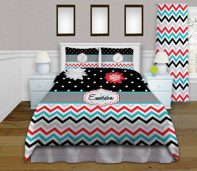 Floral Chevron Twin Xl Comforter Black Red Teal Bedding Etsy