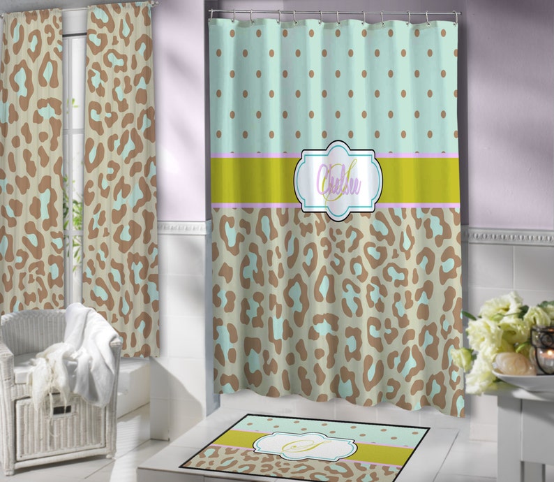 Mint Green Cheetah Print Shower Curtain Brown Fabric Extra Long Polka Dots Monogrammed Any Colors 114