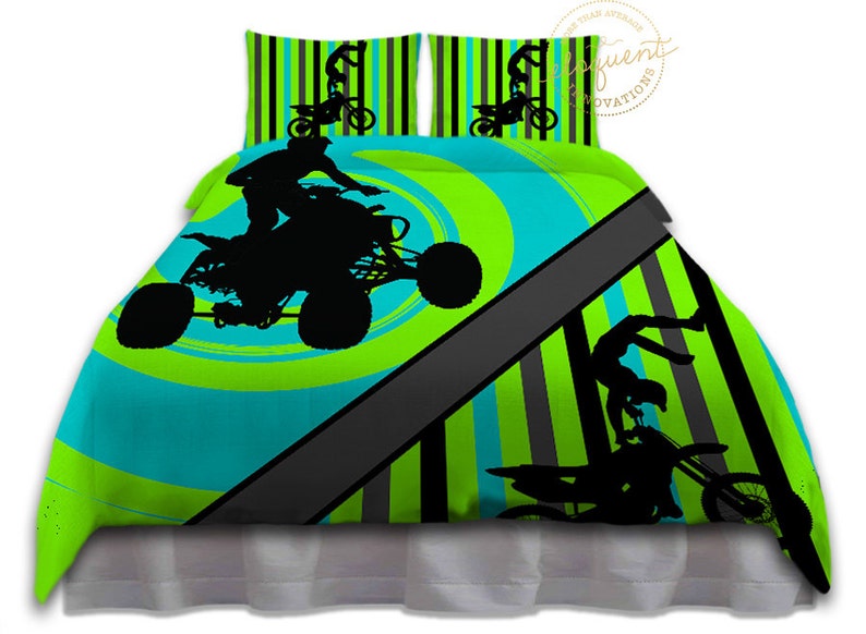 Kids Motocross Bedding Atv Duvet Cover Teal Green Black Grey Personalized 216