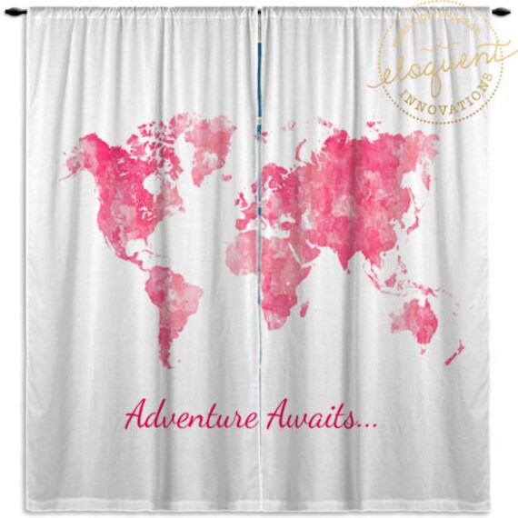 World Map Curtains Pink Watercolor Window Curtain Panels Etsy