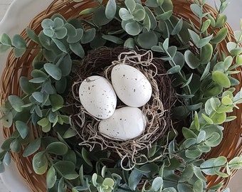 Neutral Spring Twig Nest with Faux White Speckled Eggs, 4" Diameter Bird Nest, Nest Attachment For Wreath, Tiered Tray Decor for Spring