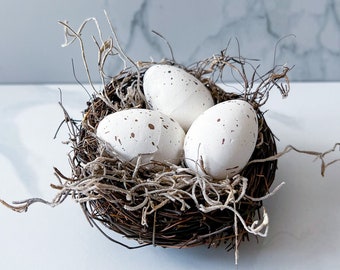 Neutral Spring Nest with Faux White Speckled Eggs | 4" Diameter Bird Nest | Wreath Add On | Tiered Tray Decor for Spring and Summer