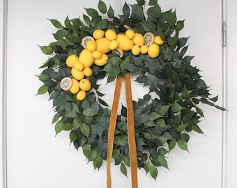 Summer Lemon Wreath for Front Door, Lemon and Ficus Wreath, Summer Decor, Mothers Day Gift, Farmhouse Wreath, Front Door Decor