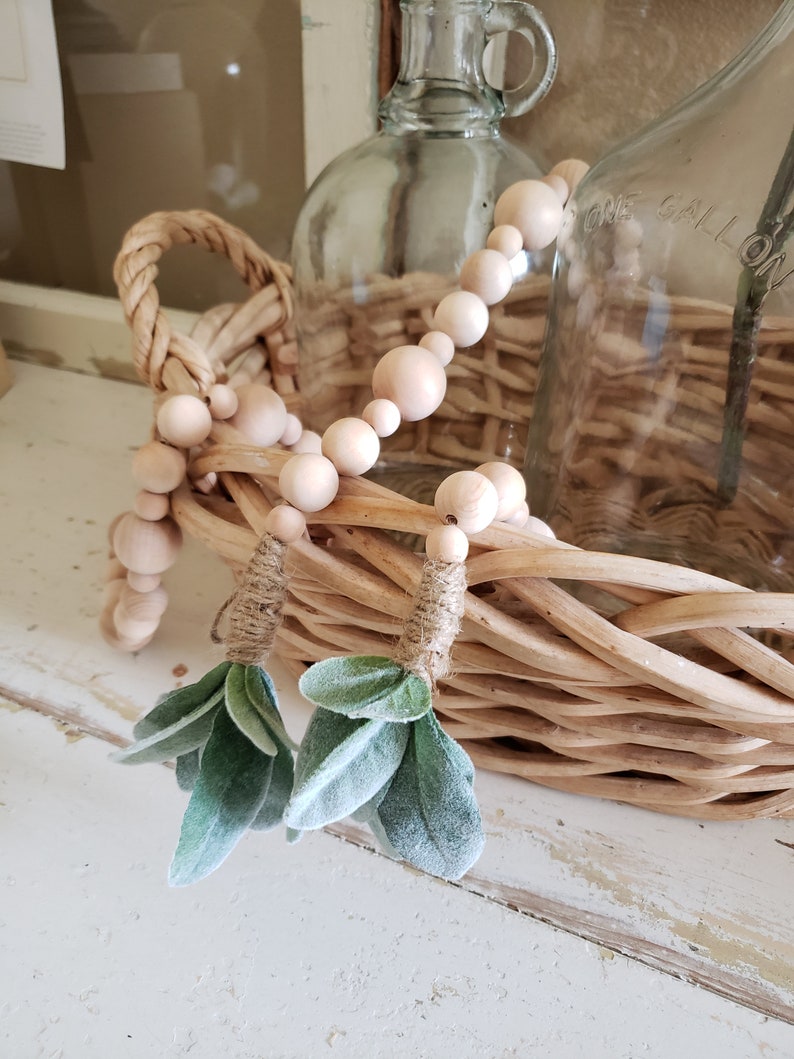 Lambs Ear Wood Bead Garland Farmhouse Wood Beads Tiered Tray Etsy