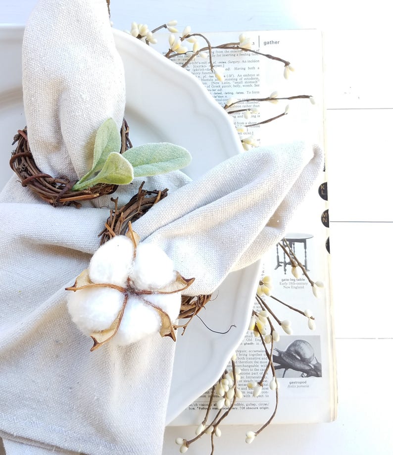Cotton and Lambs Ear Napkin Rings Modern Farmhouse Tablescape Etsy