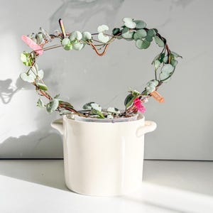 May include: A white ceramic pot with handles holds a plant with heart-shaped leaves. A copper wire heart-shaped trellis supports the plant, adorned with pink and clear crystals. The plant's leaves are a soft green.