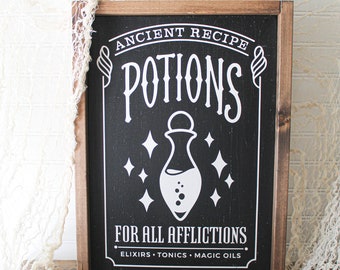 Halloween Potion Sign | Potions, Elixirs, Tonics, and Magic Oils Vintage Inspired | Apothecary Halloween Wood Sign | Mantel Decor | Wall Art