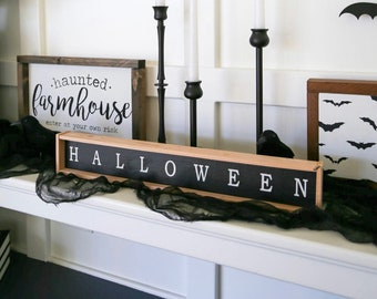 Halloween Sign, Minimalist Halloween Decor, Trick or Treat Sign, Cedar Lathe Framed Sign, Fall Decor, Layering Sign