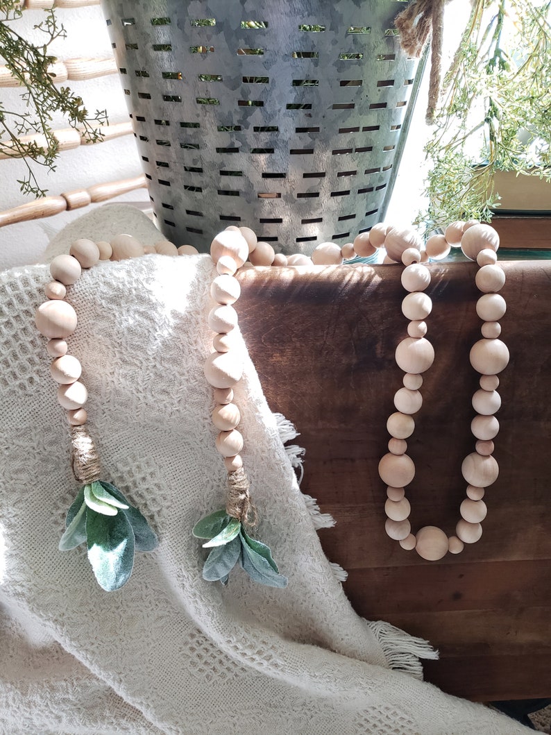 Lambs Ear Wood Bead Garland Farmhouse Wood Beads Tiered Tray Etsy