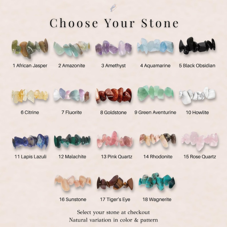 May include: A selection of 18 different gemstone chip bracelets, each with a unique color and texture. The image includes text that reads "Choose Your Stone" and lists the stone names, such as African Jasper, Amethyst, and Rose Quartz.