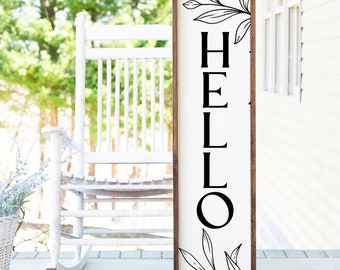 Hello Porch Leaner, Front Porch Wood Sign, Welcome Sign, Framed Wood Sign, Botanical Print Wood Frame, All Season Porch Decor