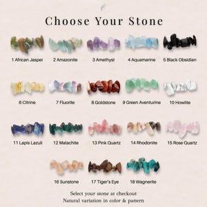 May include: A selection of 18 different gemstone chip bracelets, each with a unique color and texture. The image includes text that reads "Choose Your Stone" and lists the stone names, such as African Jasper, Amethyst, and Rose Quartz.