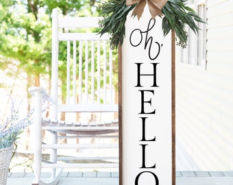 Oh Hello Porch Leaner, Front Porch Wood Sign, Welcome Sign, Framed Wood Sign, Porch Leaner with Greenery/Bow, All Season Porch Decor