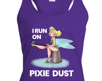 May include: Purple tank top with a cartoon image of Tinkerbell stretching her leg with the text "I run on pixie dust".