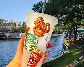 Disney Snacks Starbucks Tumbler, Cold Cup, Disney World, Disneyland, Mickey Bar, Popcorn, Custom Art, Dole Whip, Pretzel
