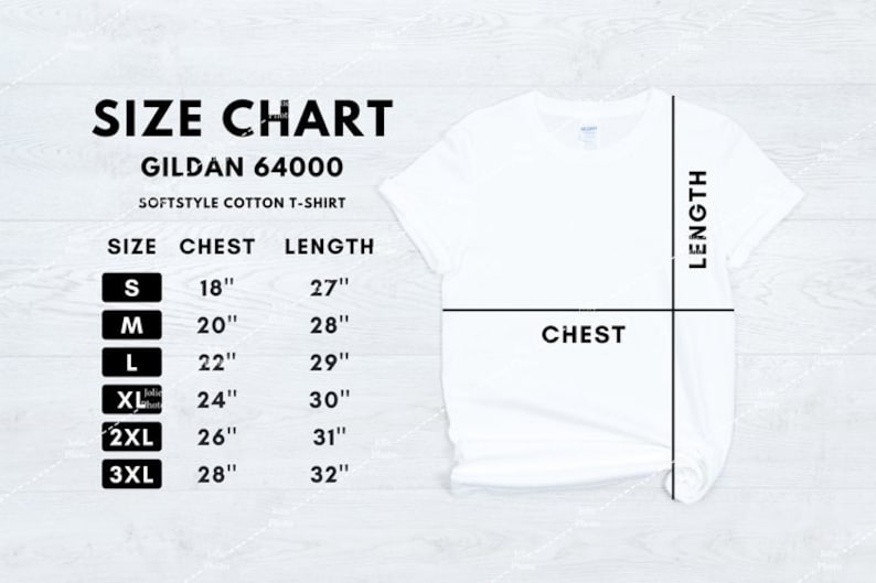 May include: Size chart for Gildan 64000 Softstyle Cotton T-Shirt. The chart shows sizes S through 3XL with corresponding chest and length measurements in inches.