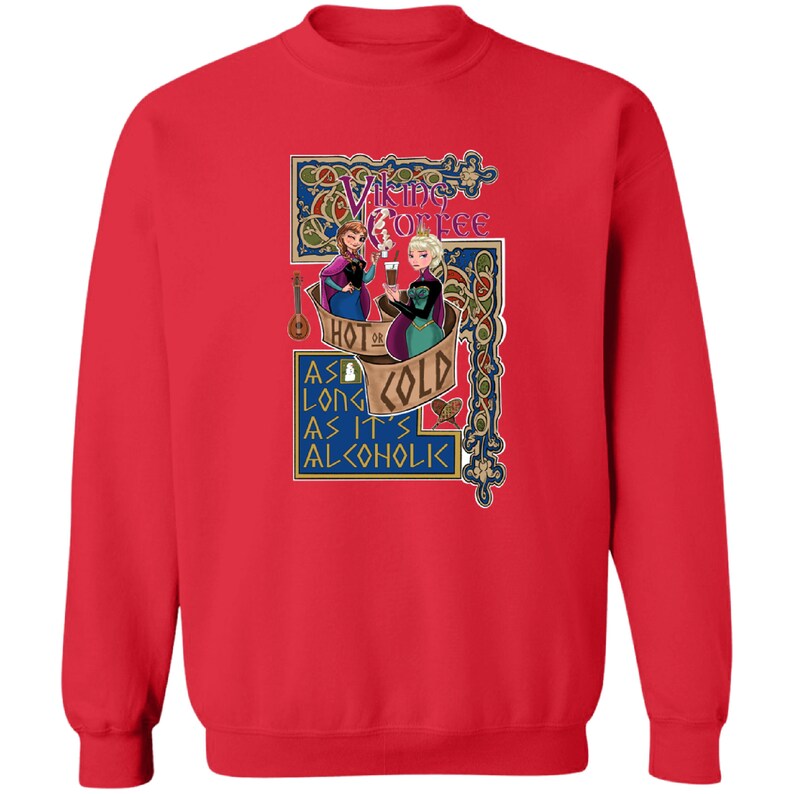 Disney Inspired Sweatshirt, Frozen, Elsa and Anna, Viking Coffee, Drinking Around the World, EPCOT, Unisex, Pullover Red