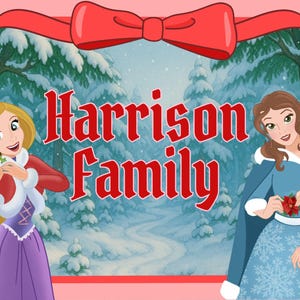 May include: A digital illustration featuring three animated female characters with long hair, in winter attire, and the text "Harrison Family" in red. The background shows a snowy forest scene, framed by a red bow.