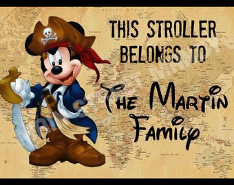 Disney Stroller Tag, Scooter Tag - WATERPROOF Custom Personalized Disney Pirate Mickey Name Sign for  Stroller, Wheelchair, Scooter