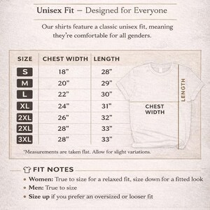 Puede incluir: Tabla de tallas de camisetas unisex de Main Street Mandy. La tabla incluye medidas de ancho de pecho y largo en pulgadas para las tallas S a 3XL. Tambi&eacute;n incluye notas de ajuste para mujeres y hombres.