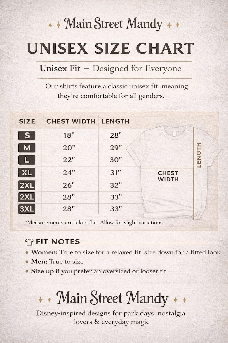 Puede incluir: Tabla de tallas de camisetas unisex de Main Street Mandy. La tabla incluye medidas de ancho de pecho y largo en pulgadas para las tallas S a 3XL. Tambi&eacute;n incluye notas de ajuste para mujeres y hombres.