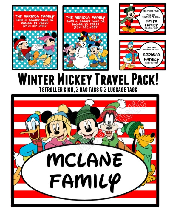 Winter Holiday Mickey Mouse and friends - Travel Pack - 1 Stroller Sign, 2 Bag Tags, and 2 Luggage Tags!