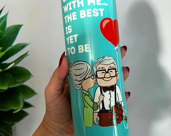 Carl & Ellie, Disney’s Up, 20 oz Skinny Tumbler, Travel Cup, Hot and Cold, Disney, Love, Grow Old With Me The Best Is Yet To Be