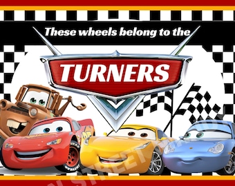 Letrero para cochecito de bebé de Disney Cars (descarga digital instantánea): etiqueta personalizada para cochecito, silla de ruedas o scooter de movilidad.