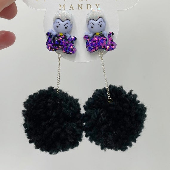 Disney Villain Ursella Pom  Pom Earrings - Glitter Sparkle and Pom Poms...Purple Black Shimmer