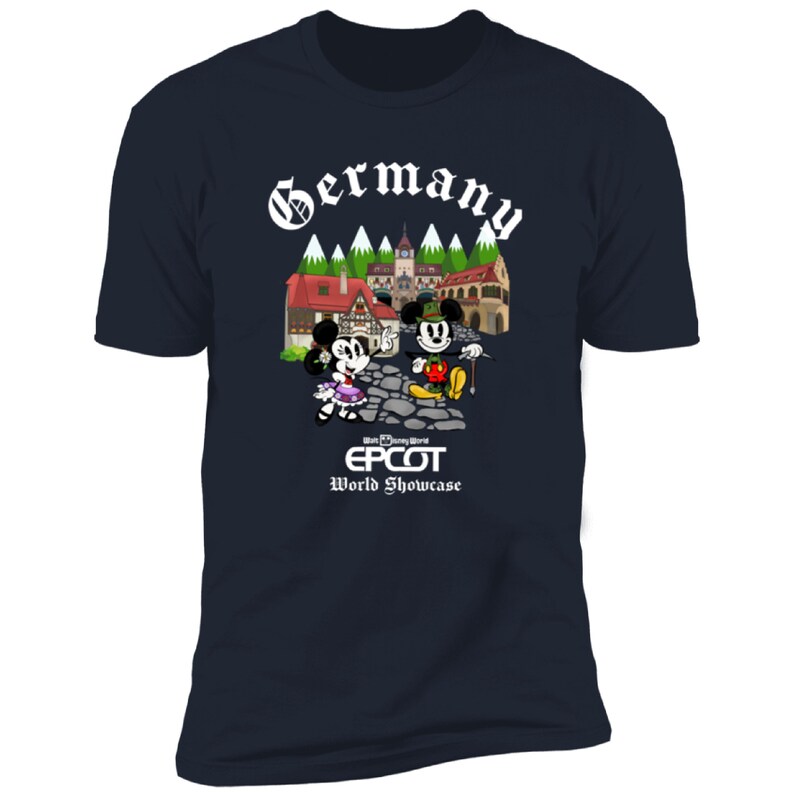 May include: A navy blue t-shirt with a white graphic of Mickey and Minnie Mouse in front of a German village. The text "Germany" is above the graphic and "Walt Disney World EPCOT World Showcase" is below the graphic.