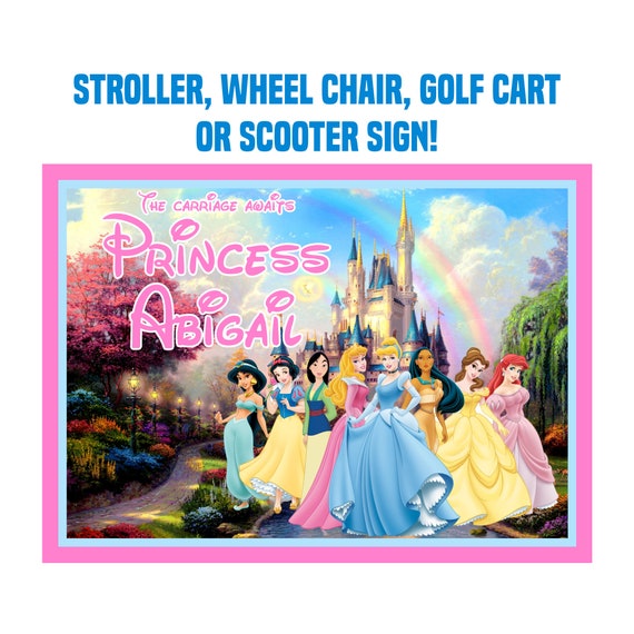 Custom Personalized Disney Princesses Castle Vacation Sign Tag for your Stroller, Scooter, Wheel Chair, Golf Cart and More!