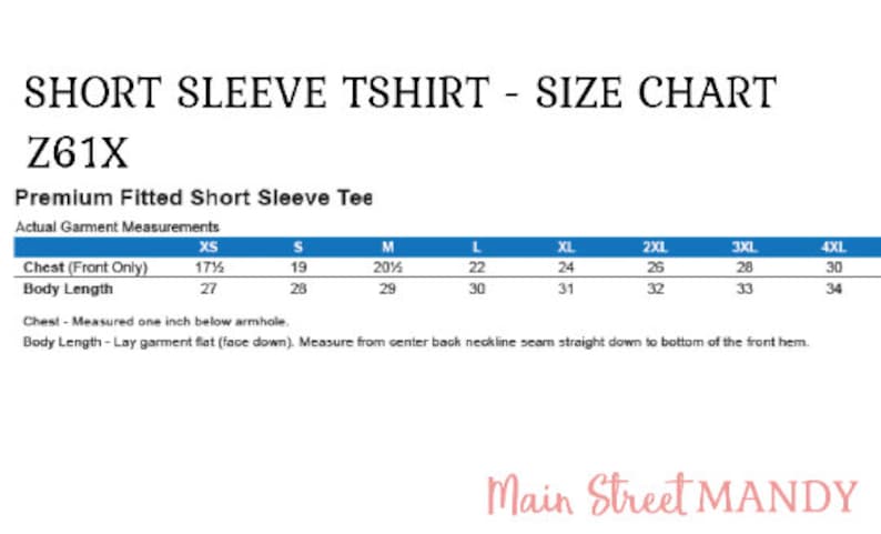 Puede incluir: Tabla de tallas para una camiseta de manga corta, que muestra las medidas de pecho y largo del cuerpo en pulgadas para las tallas XS a 4XL. La tabla est&aacute; titulada "Short Sleeve T-shirt - Size Chart" y "Z61X Premium Fitted Short Sleeve Tee".