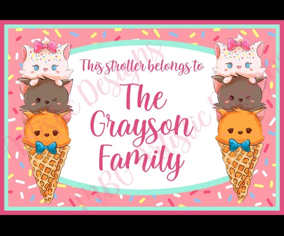 Stroller Tag - Custom, Personalized, Disney Aristocats Ice Cream Theme Vacation Tag for your stroller