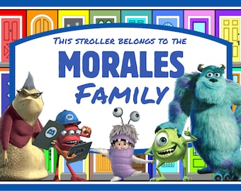 Etiqueta para cochecito/scooter - {DESCARGA DIGITAL INSTANTÁNEA} Personalizada, con nombre para vacaciones de Disney Pixar Monsters Inc.