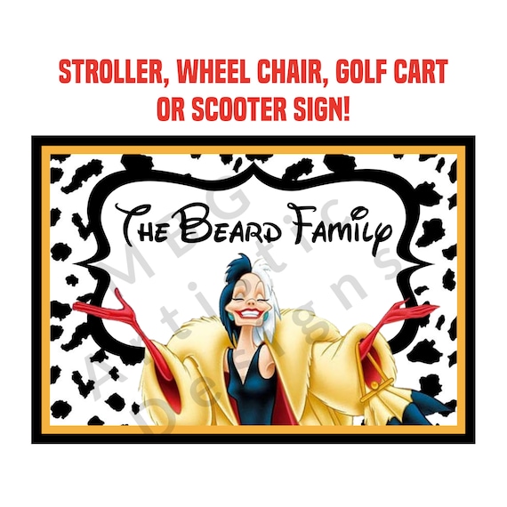 Stroller or Scooter Tag - Custom, Personalized, Disney Villain Cruella Deville 101 Dalmatians Tag Sign