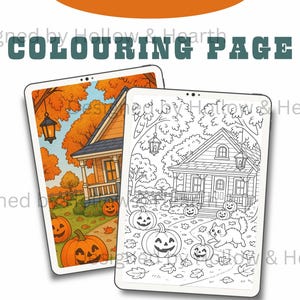 Halloween Coloring Page Printable - Cute Fall Cat, Pumpkins &andCozy Cottage - Spooky Autumn Art for Kids and Adults&quot;