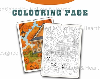 May include: Two digital coloring pages featuring Halloween scenes. One is a colored illustration of a house with pumpkins and fall foliage. The other is a black and white outline of the same scene, ready for coloring. The text "COLOURING PAGE" is at the top.