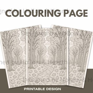 May include: A stack of coloring pages featuring a detailed forest scene with a stone path, trees, and falling leaves. The words "COLOURING PAGE" and "PRINTABLE DESIGN" are displayed on the image.