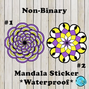 May include: Two non-binary pride mandala stickers. The first sticker is a yellow, white, and purple mandala with a black center. The second sticker is a yellow, white, and purple mandala with black and white accents. Both stickers are labeled with the numbers 1 and 2. The text "Non-Binary Mandala Sticker *Waterproof*" is below the stickers.