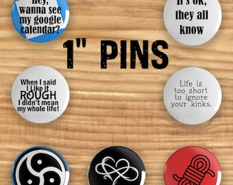 Kink & Poly Pinback Buttons | Vintage Pins | Fun Buttons | Kinky Buttons | Adult Pinback Buttons | Polyamory Pins
