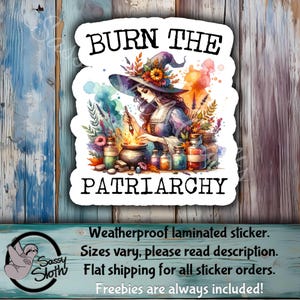 May include: A watercolor illustration of a witch with a pointed hat and long dark hair, stirring a cauldron with a wand. The witch is surrounded by bottles and jars of potions. The text "BURN THE PATRIARCHY" is written in black letters above the witch.